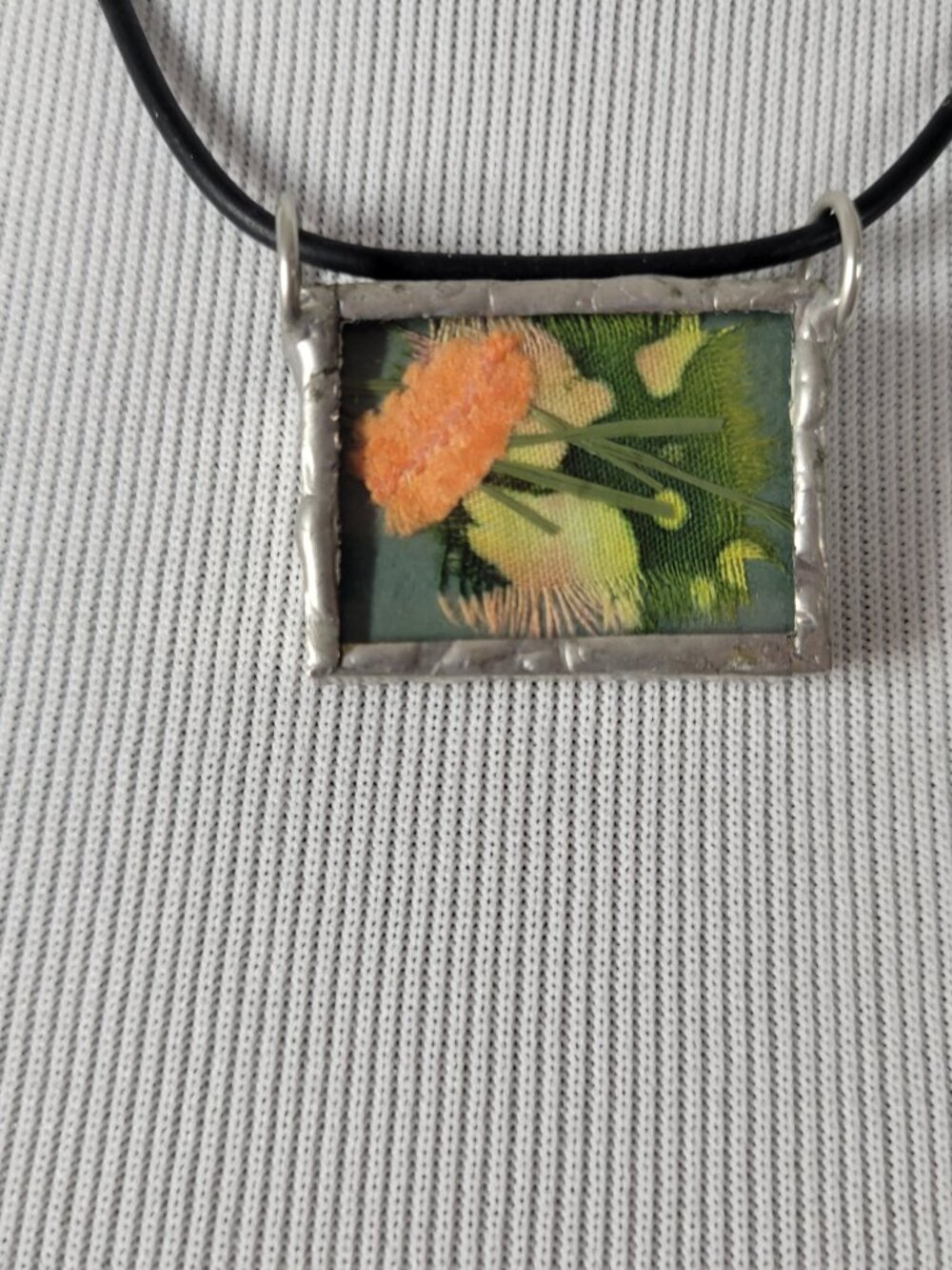 Artisan Handmade Floral Fabric Pendant Necklace Black Cord Boho Jewelry 17" N19E